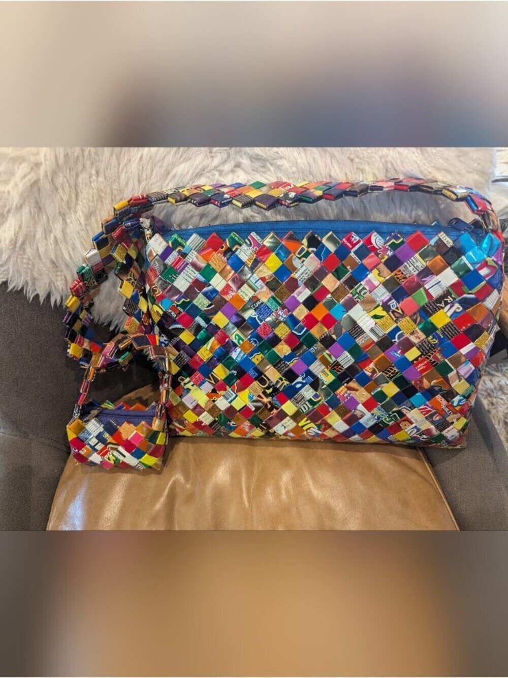 Vintage Y2K  Woven Candy Wrapper Large Shoulder Bag & Change Purse Wearable Art - Picture 8 of 9